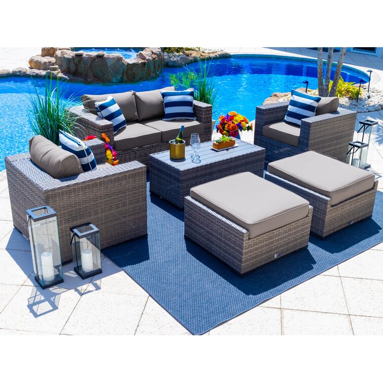 Yussuf 16 Piece Outdoor Patio Furniture Combination Set In Gray W Loveseat Set Six Seat Dining Set And Chaise Lounge Set Sunbrella Canvas Taupe